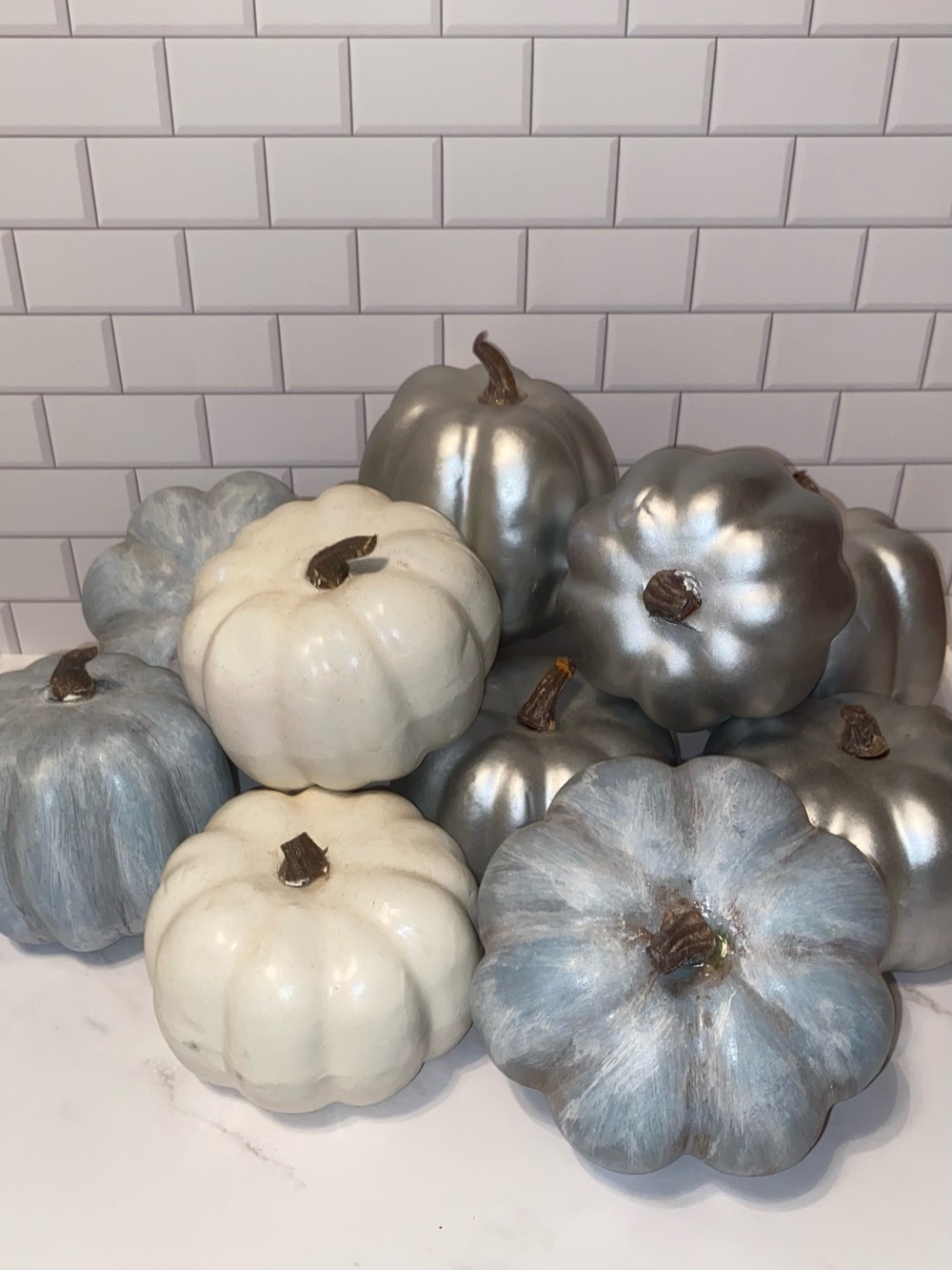 10 Painted Fall Decor Mini Pumpkins: Silver, Blue, White